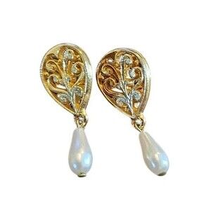 Vintage Val D'Or Goldtone Filigree Faux Pearl  Drop Post  Pierced Earrings 1980s
